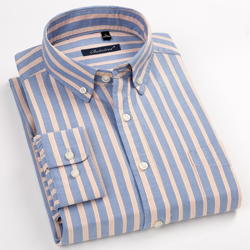 100% Cotton Men's Striped Oxford Long Sleeve Dress Shirt with Chest Pocket Standard