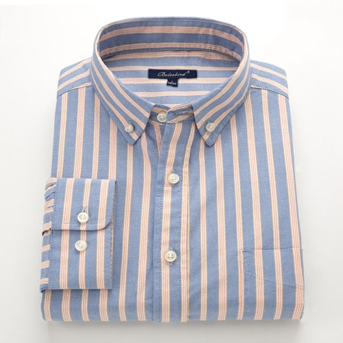 100% Cotton Men's Striped Oxford Long Sleeve Dress Shirt with Chest Pocket Standard