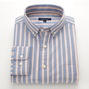 100% Cotton Men's Striped Oxford Long Sleeve Dress Shirt with Chest Pocket Standard