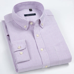 100% Cotton Men's Striped Oxford Long Sleeve Dress Shirt with Chest Pocket Standard