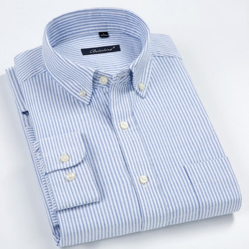 100% Cotton Men's Striped Oxford Long Sleeve Dress Shirt with Chest Pocket Standard