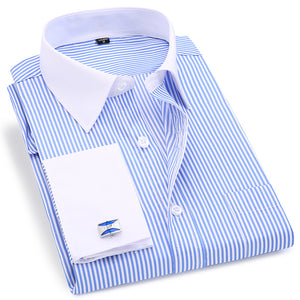 Men's High Quality Striped  French CufflinksLong Sleeved White Collar Design Style Casual Shirts