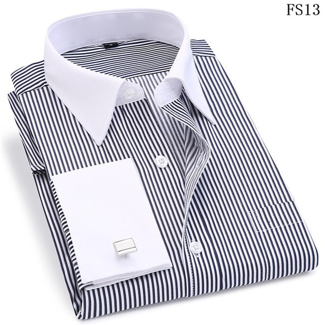 Men's High Quality Striped  French CufflinksLong Sleeved White Collar Design Style Casual Shirts