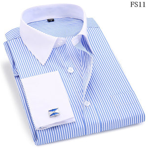 Men's High Quality Striped  French CufflinksLong Sleeved White Collar Design Style Casual Shirts