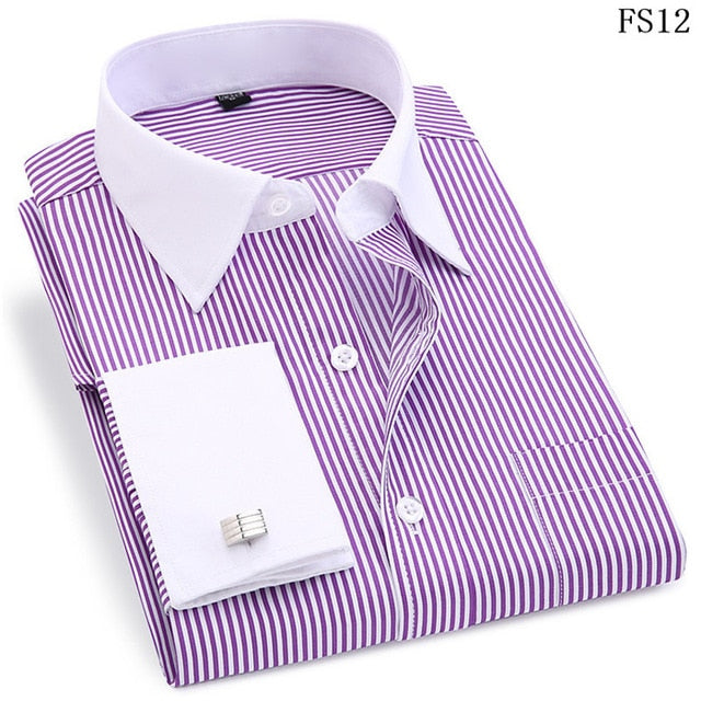 Men's High Quality Striped  French CufflinksLong Sleeved White Collar Design Style Casual Shirts